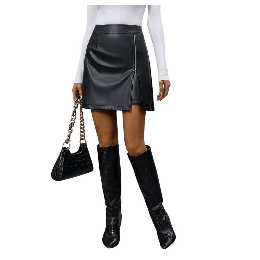 5057 PU Leather Mini Skirt Split Hem Bodycon Zip Up Short A Line Skirts